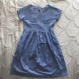 Chambray Dress, V-Neck, Knee Length, Cuff Sleeve